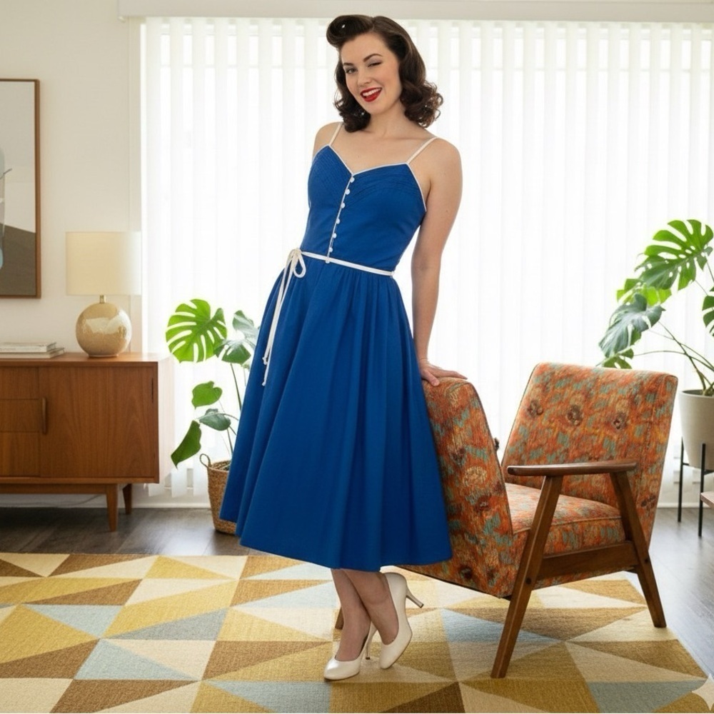 Vintage dress Fit & Flare Pin Up style swing dress cobalt blue white details